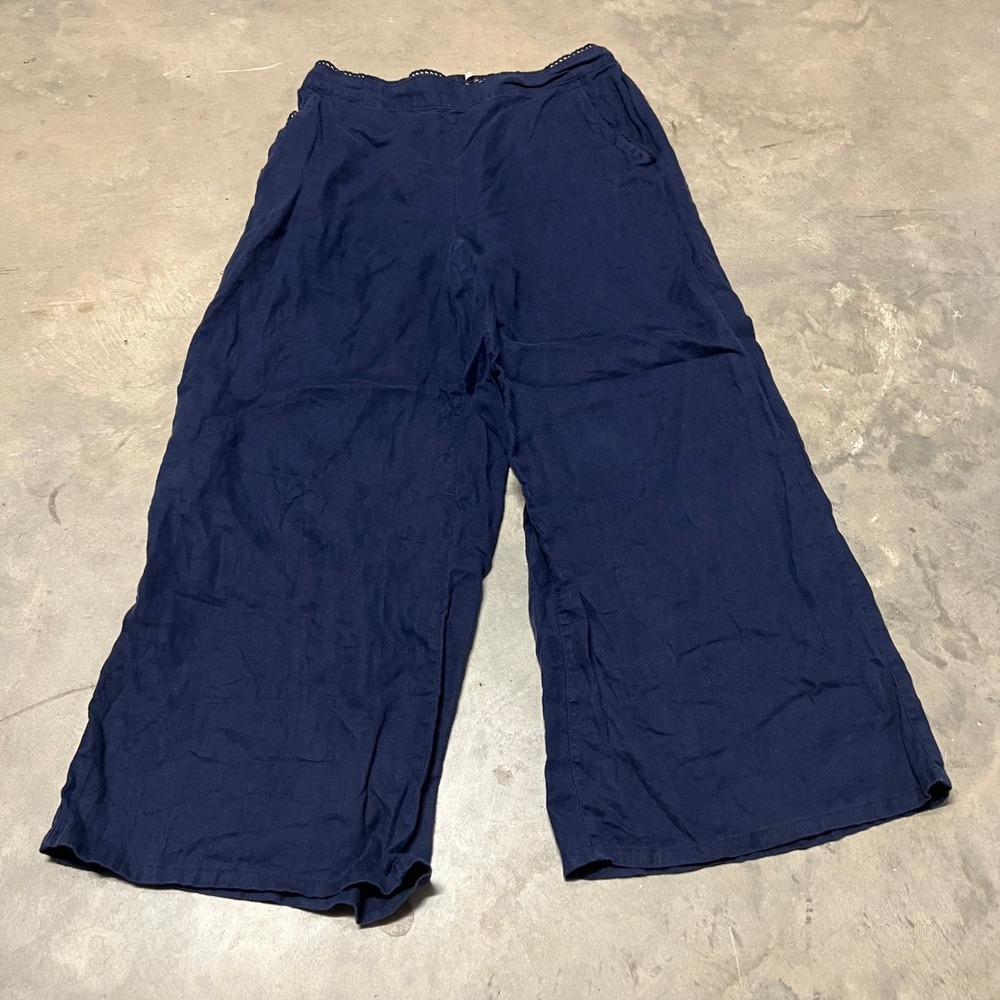 Laura Ashley Womens Navy Blue 100% Linen Wide Leg Crochet Trim Pants Size L